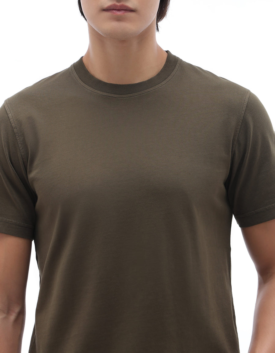 Celio Solid Regular Fit Cotton Olive Tshirts