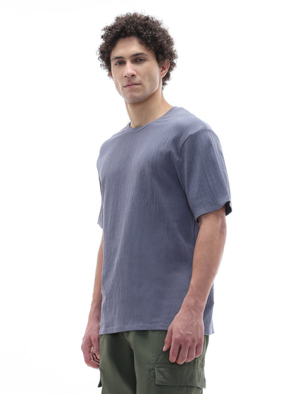 Celio Solid Boxy Fit Cotton Blend Blue Tshirts
