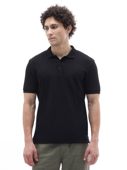 Celio Structured Straight Fit Cotton Poly Blend Black Tshirts