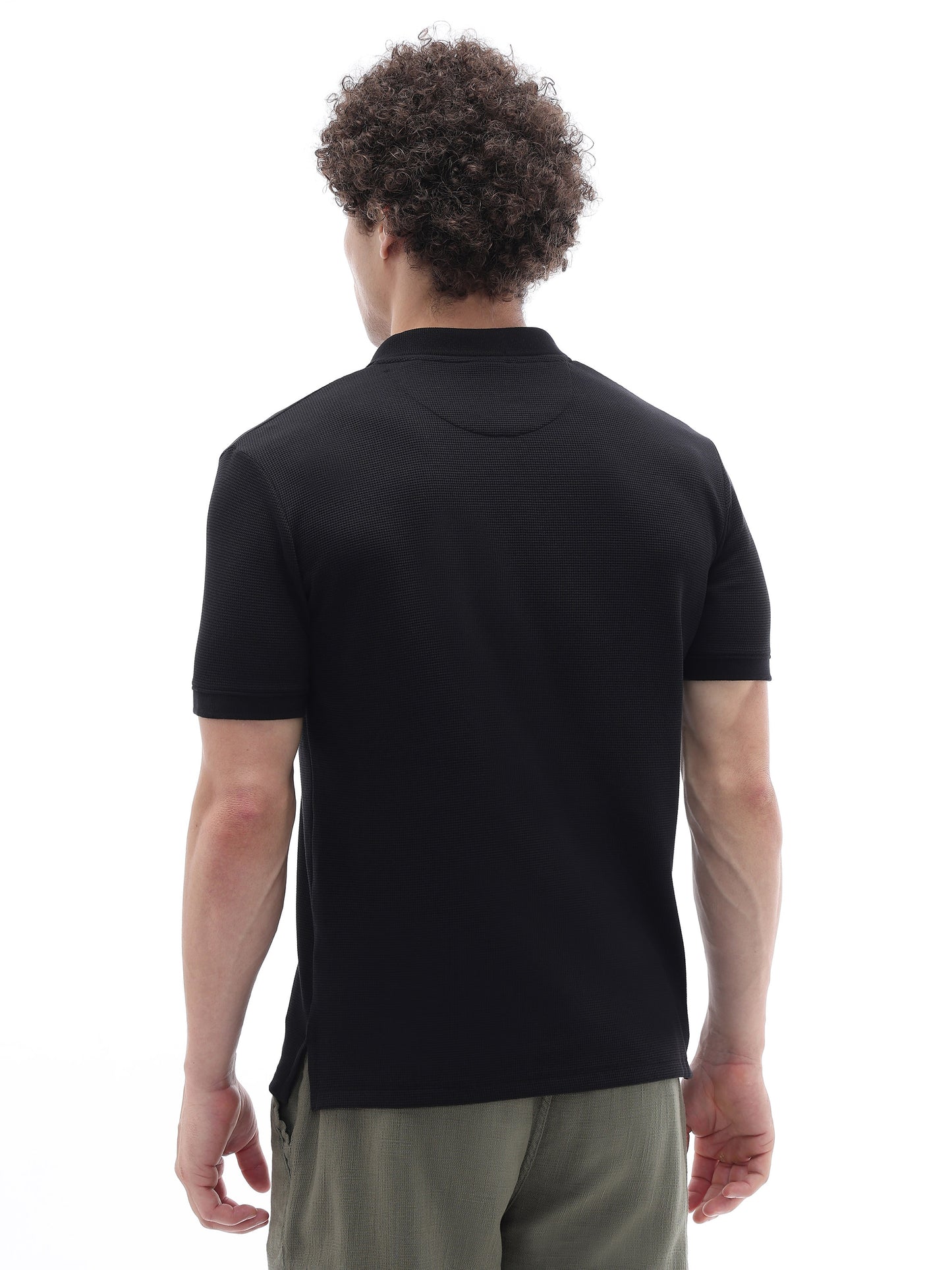 Celio Structured Straight Fit Cotton Poly Blend Black Tshirts