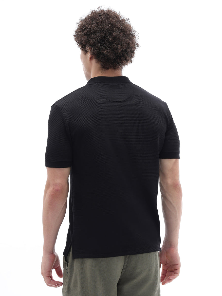 Celio Structured Straight Fit Cotton Poly Blend Black Tshirts