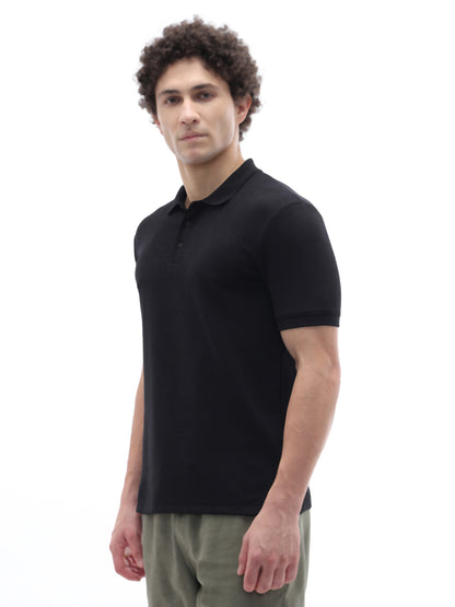 Celio Structured Straight Fit Cotton Poly Blend Black Tshirts
