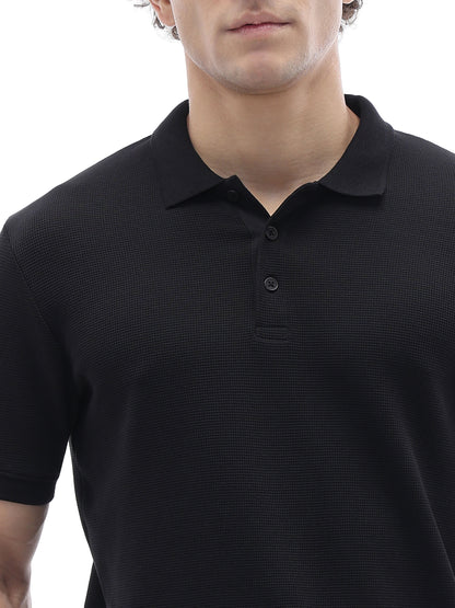 Celio Structured Straight Fit Cotton Poly Blend Black Tshirts