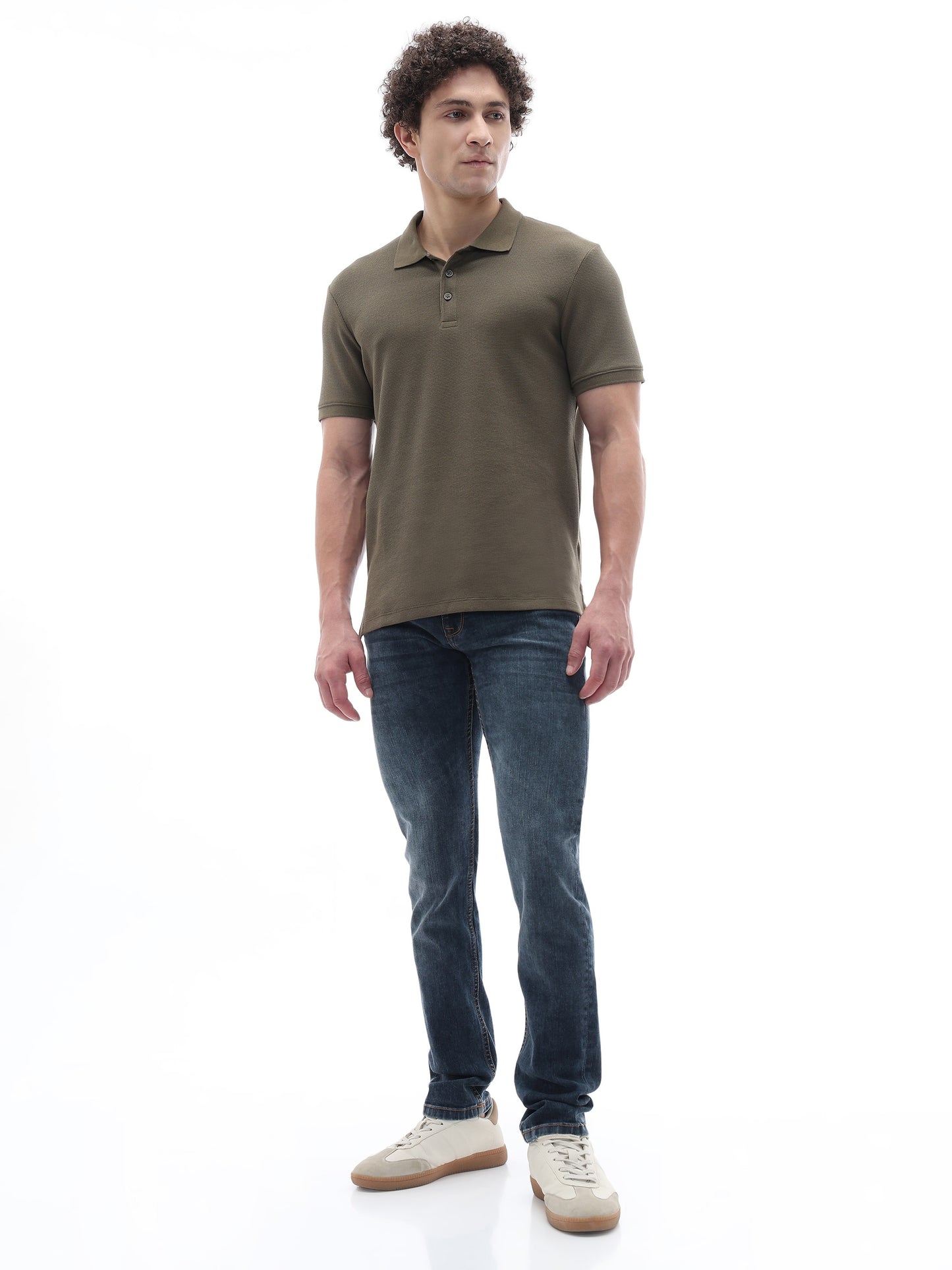 Celio Structured Straight Fit Cotton Poly Blend Olive Tshirts