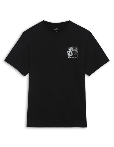 Celio Solid Boxy Fit Cotton Black TShirts