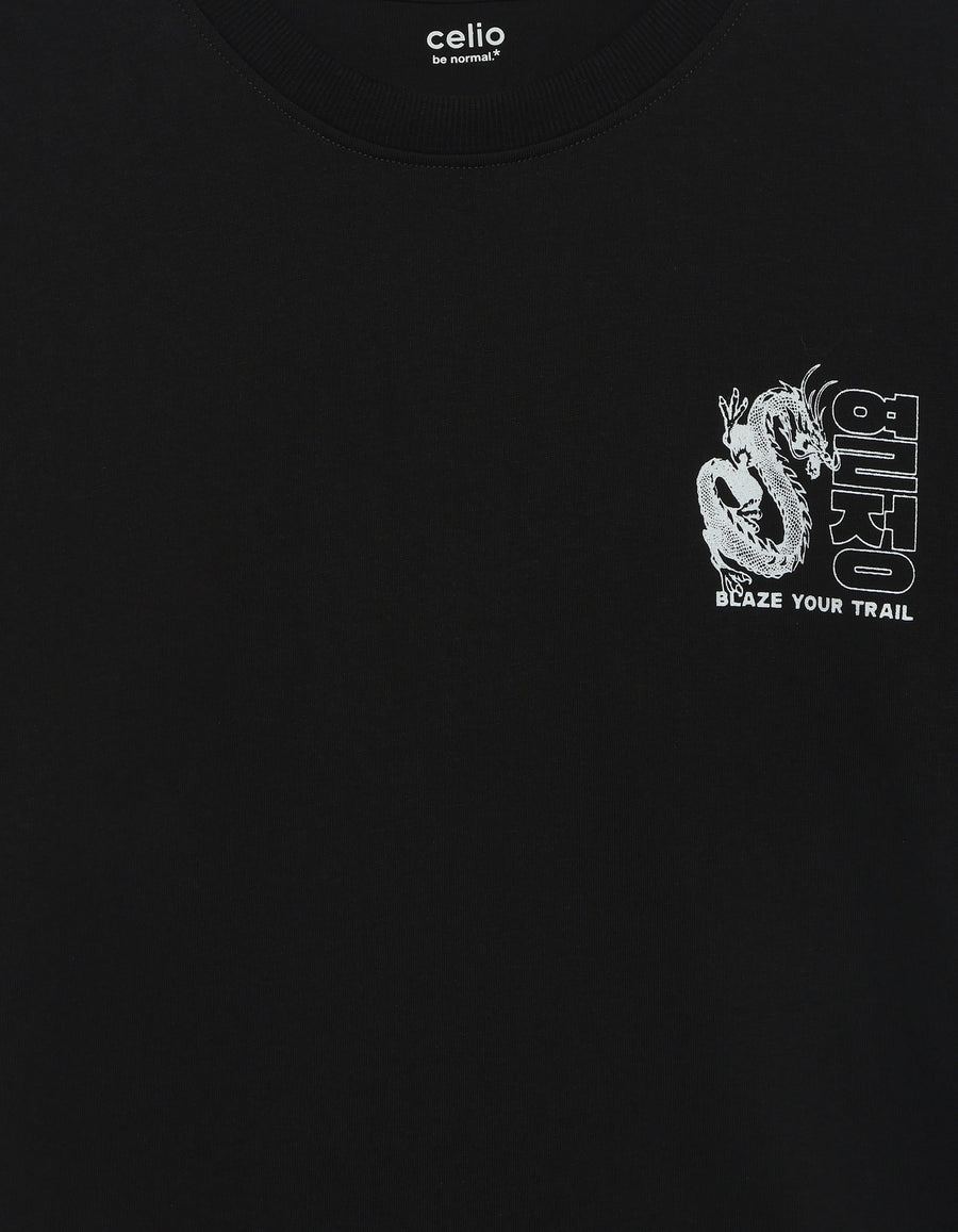 Celio Solid Boxy Fit Cotton Black TShirts
