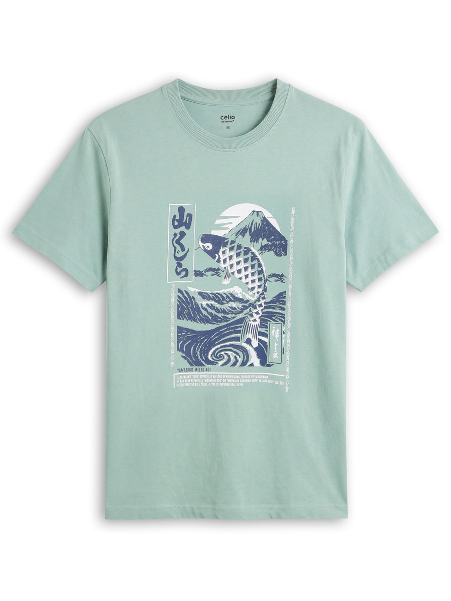 Celio Solid Boxy Fit Cotton Green TShirts