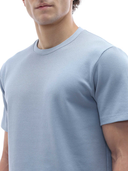 Celio Structured Regular Fit Cotton Poly Blend Blue Tshirts