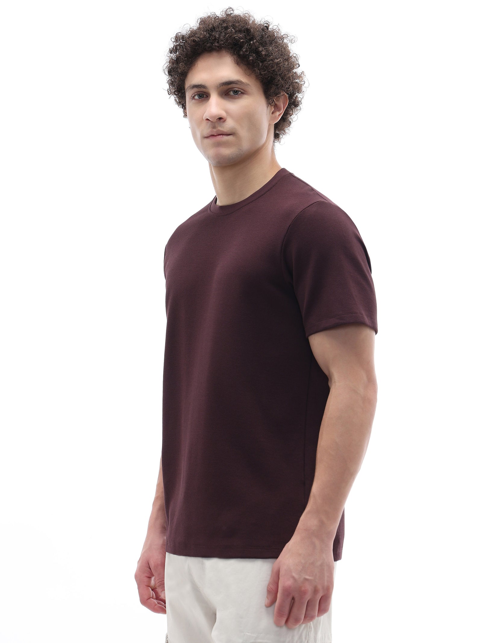 Celio Structured Regular Fit Cotton Poly Blend Brown Tshirts