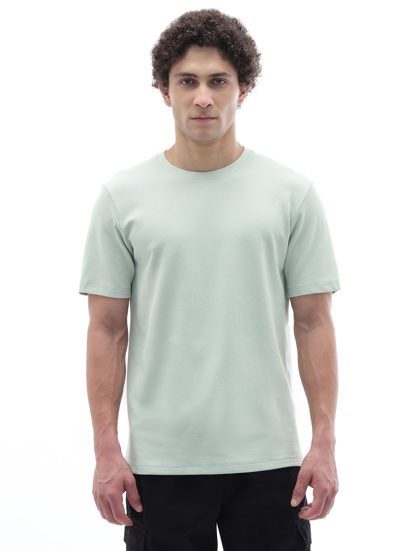 Celio Structured Regular Fit Cotton Poly Blend Green Tshirts