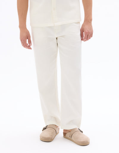 Celio Men Off White Solid Straight Fit Cotton Trousers