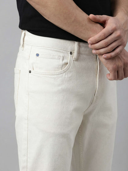 Celio* Men Off White Solid Straight Fit Cotton Jeans