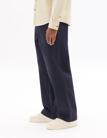 Celio Men Navy Blue Solid Loose Fit Cotton Trousers