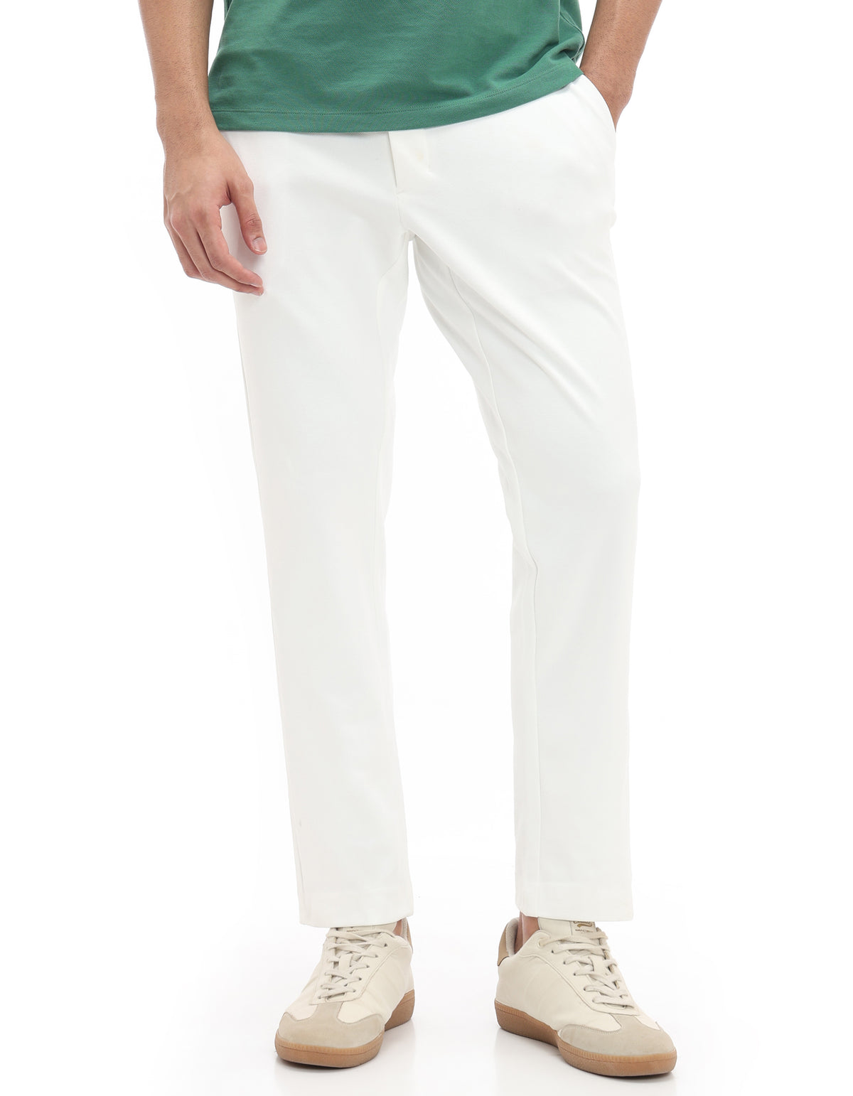 Slim Fit 100% Polyester Dobby Casual Trousers - Off White