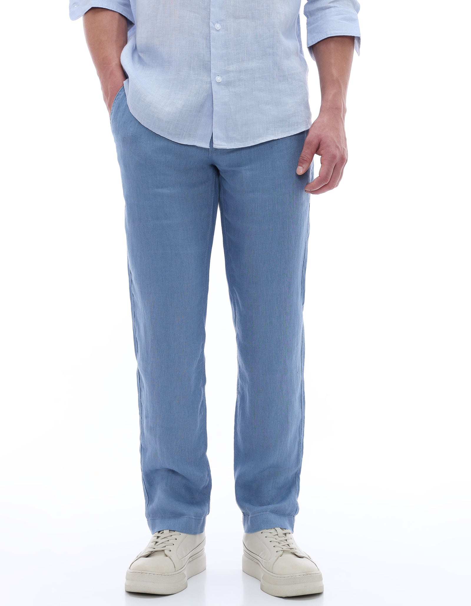 Celio Solid Straight Fit Linen Blue Trousers
