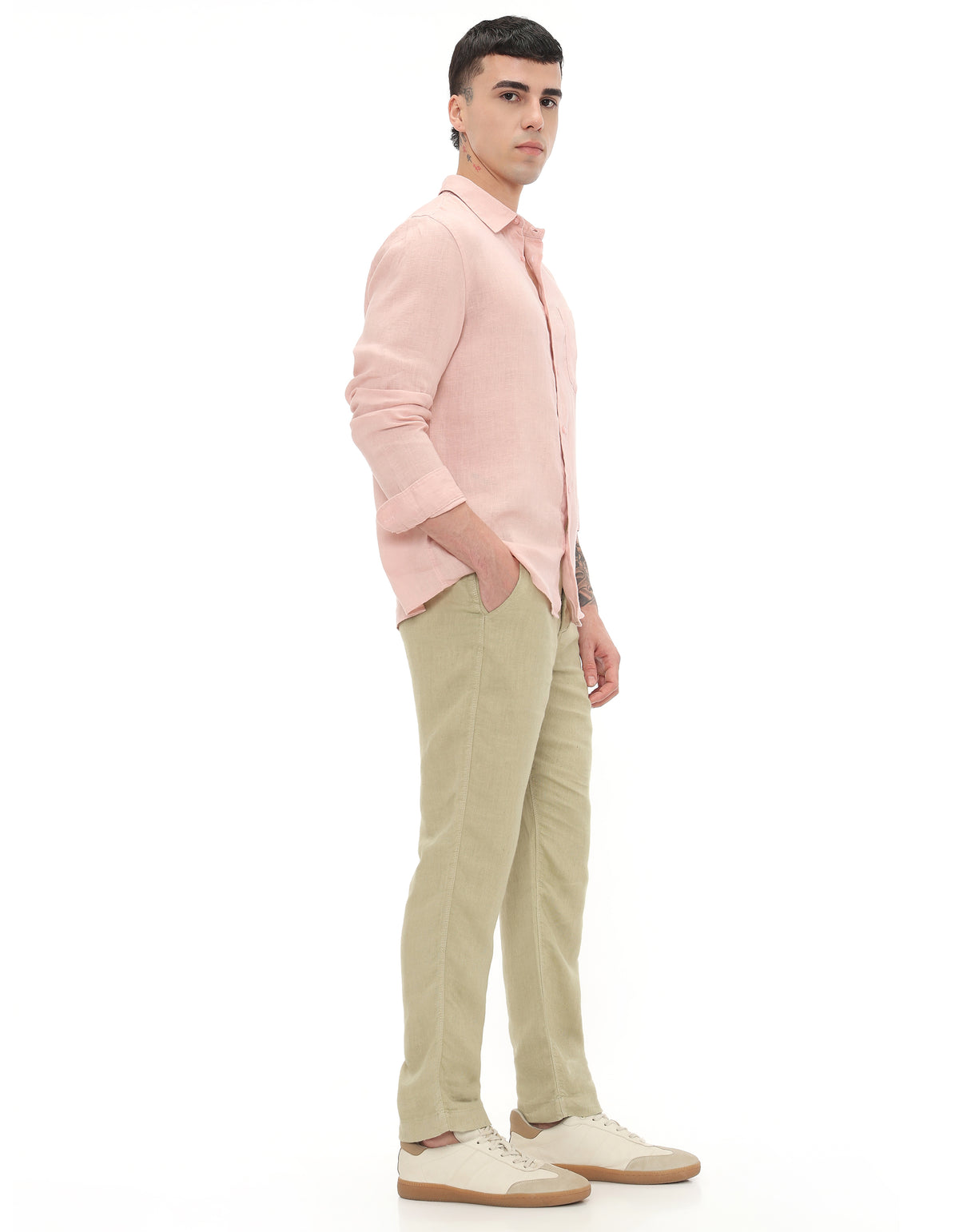 Straight Fit 100% Linen Casual Trousers - Green