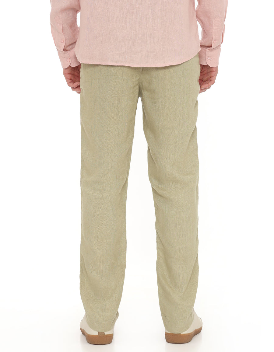 Straight Fit 100% Linen Casual Trousers - Green