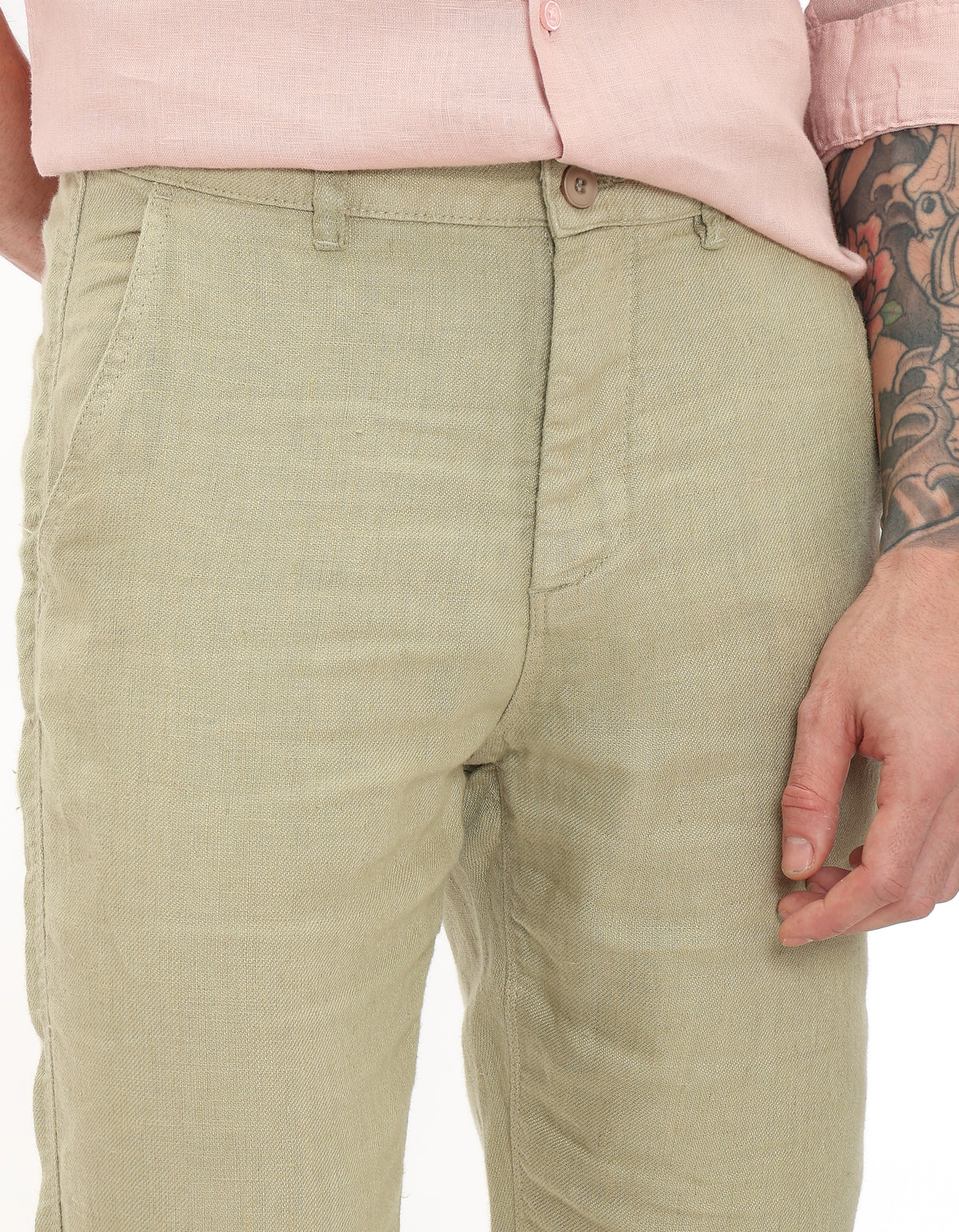 Straight Fit 100% Linen Casual Trousers - Green