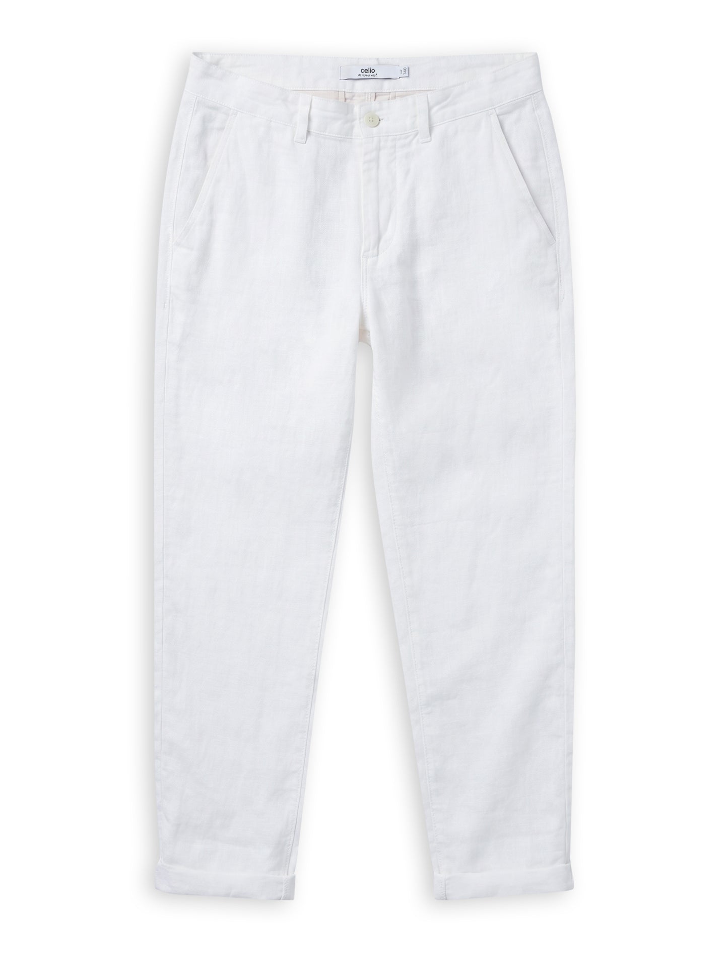 Celio Solid Straight Fit Linen White Trousers