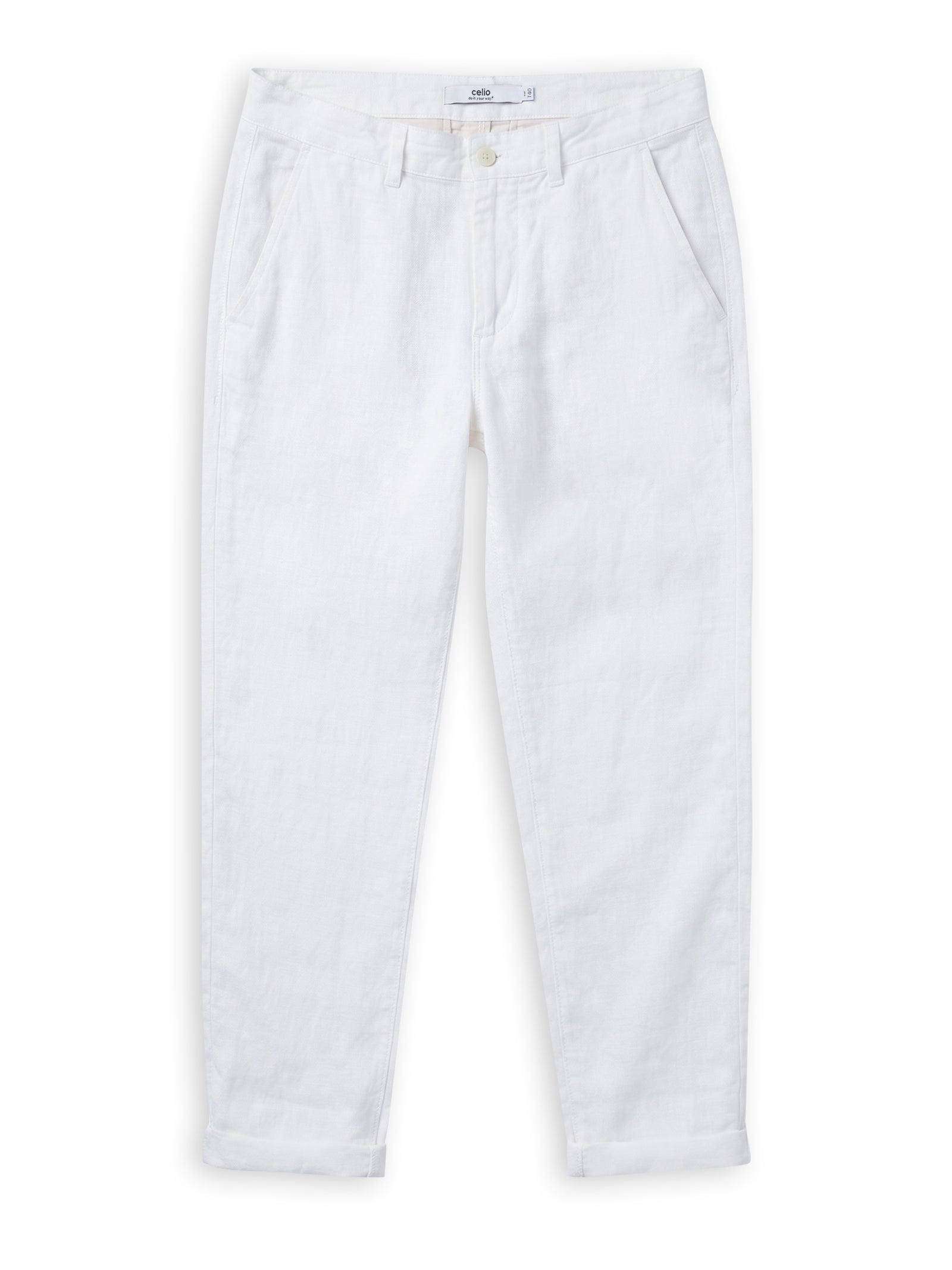 Celio Solid Straight Fit Linen White Trousers
