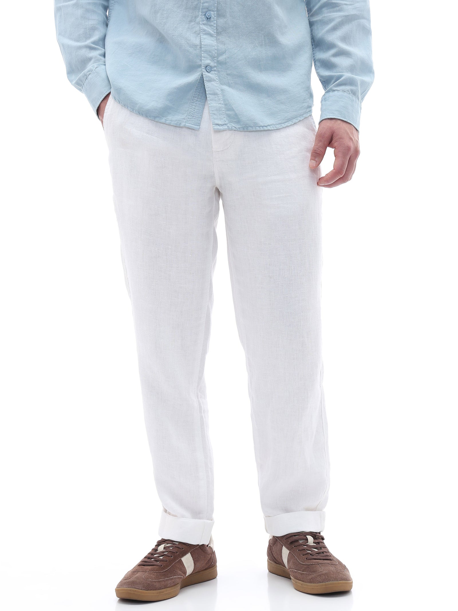 Celio Solid Straight Fit Linen White Trousers