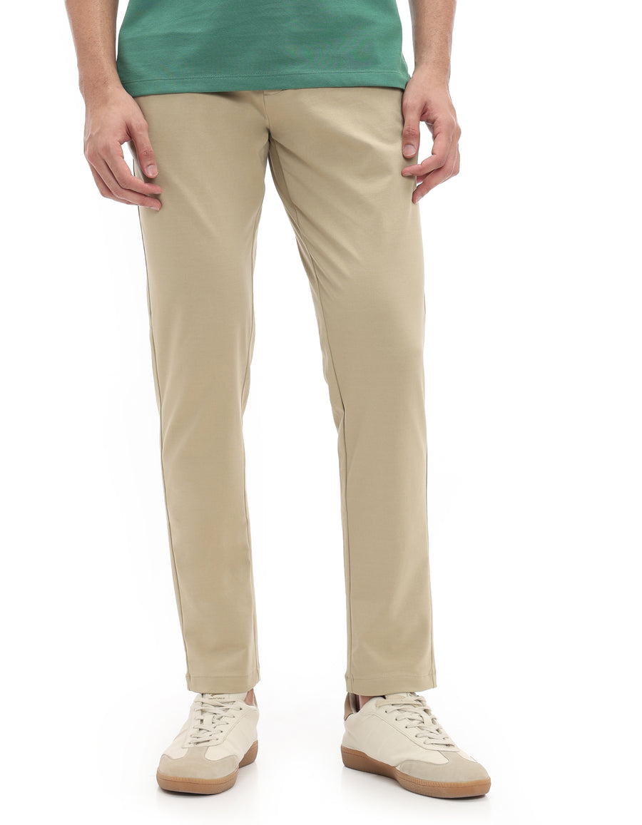 Slim Fit Cotton Blend Solid Casual Trousers - Beige