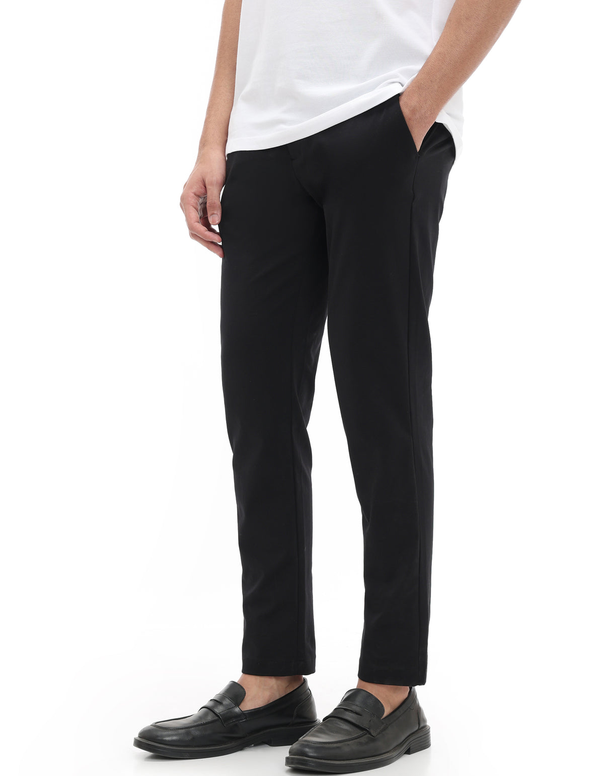 Slim Fit Cotton Blend Solid Casual Trousers - Black