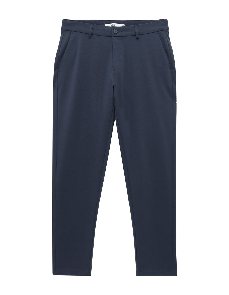 Slim Fit Cotton Blend Solid Casual Trousers - Blue