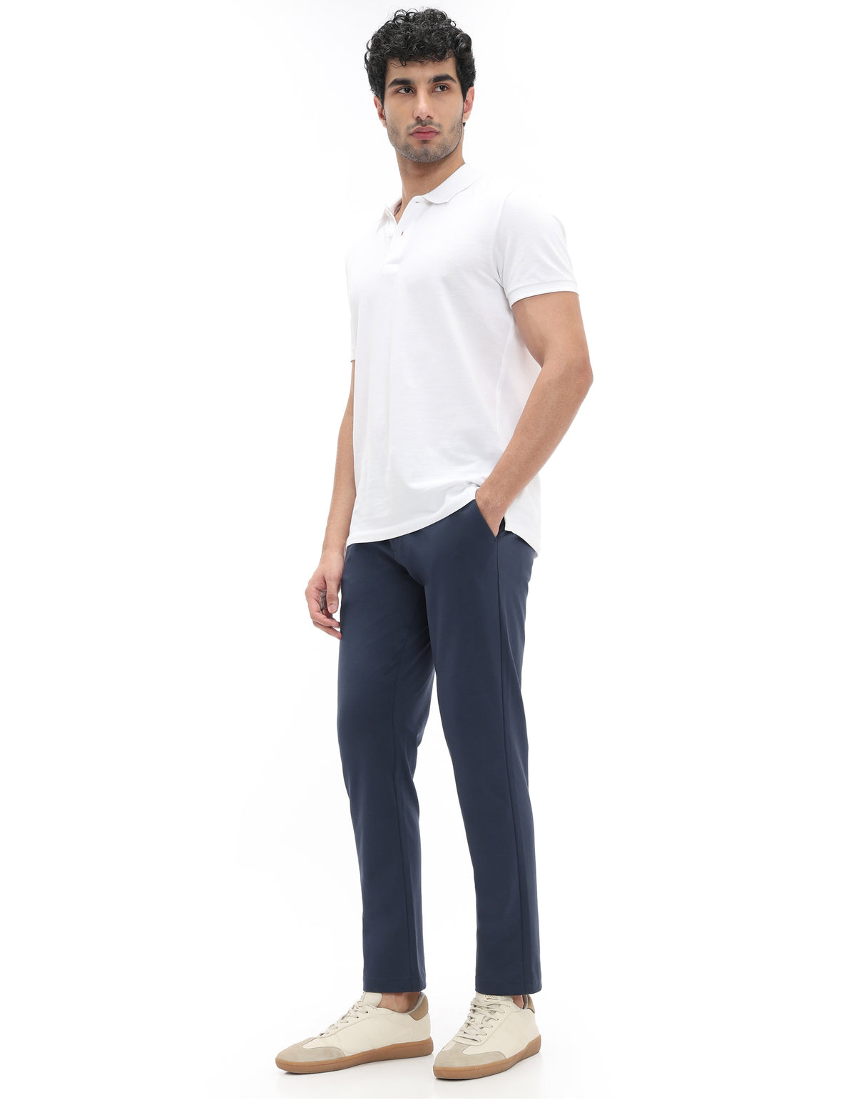 Slim Fit Cotton Blend Solid Casual Trousers - Blue