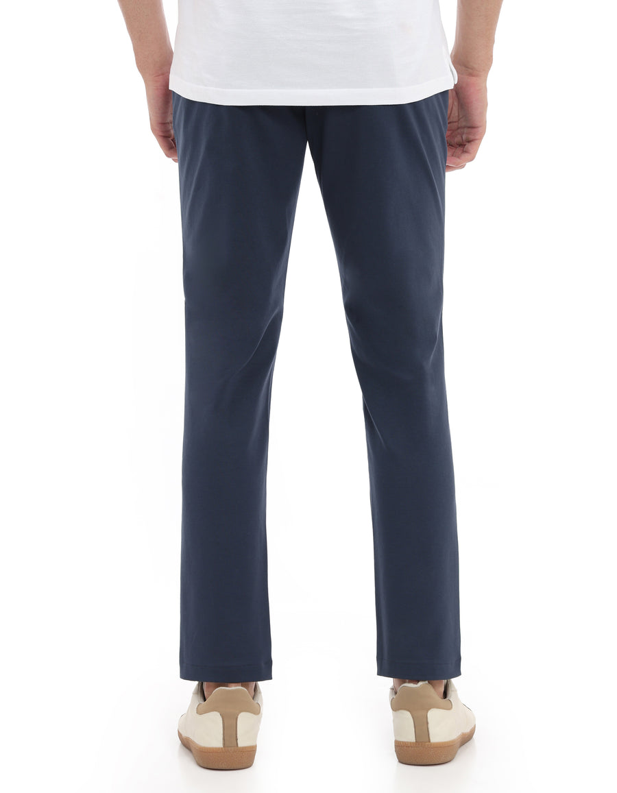 Slim Fit Cotton Blend Solid Casual Trousers - Blue