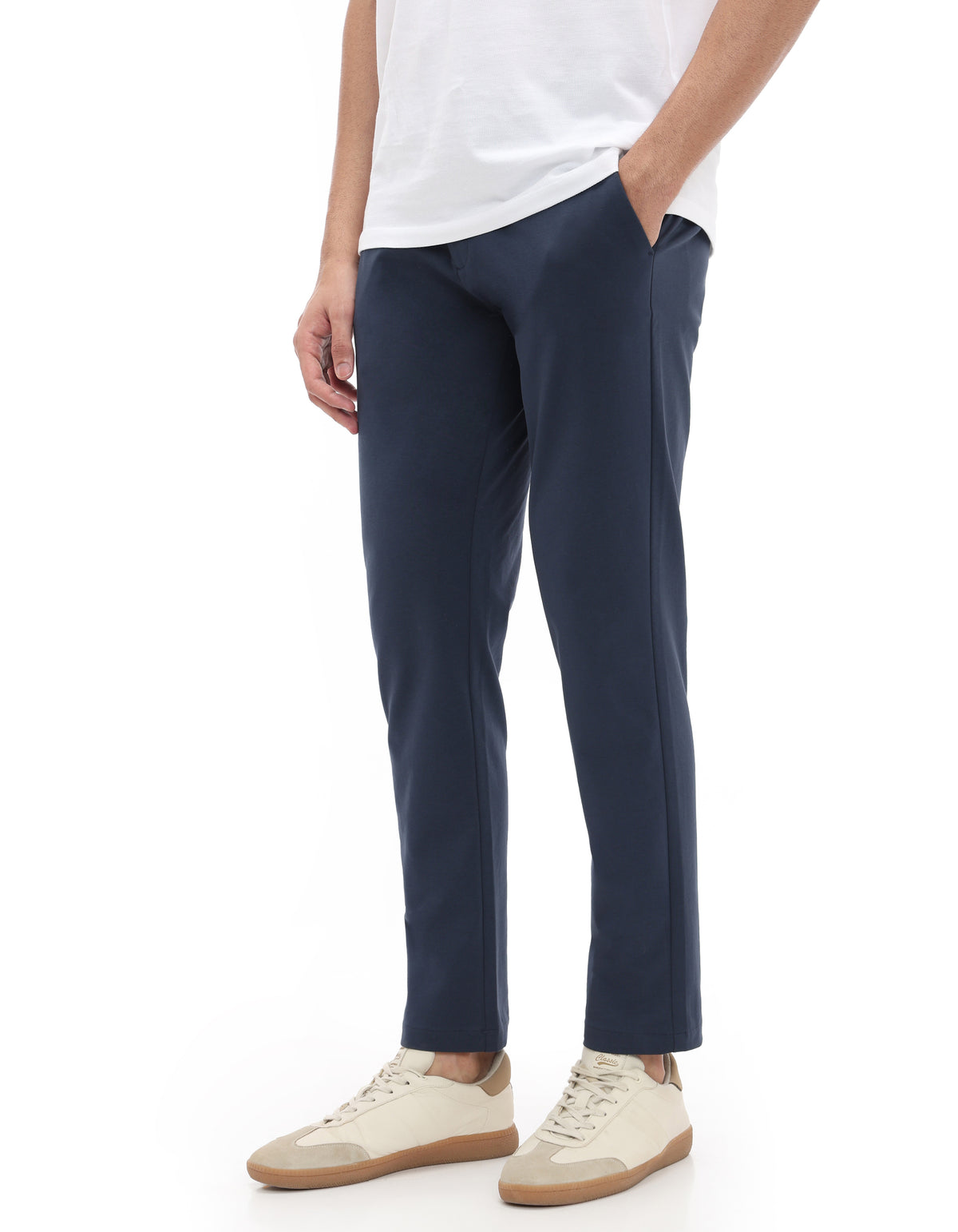 Slim Fit Cotton Blend Solid Casual Trousers - Blue