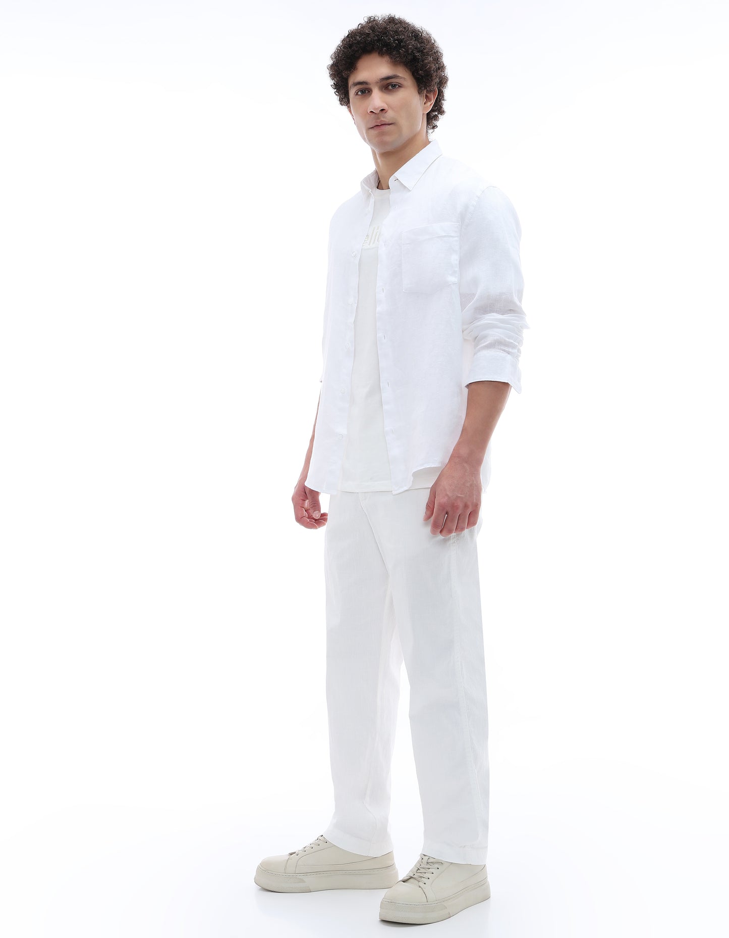 Celio Solid Relaxed Fit Cotton Blend Cream Trousers