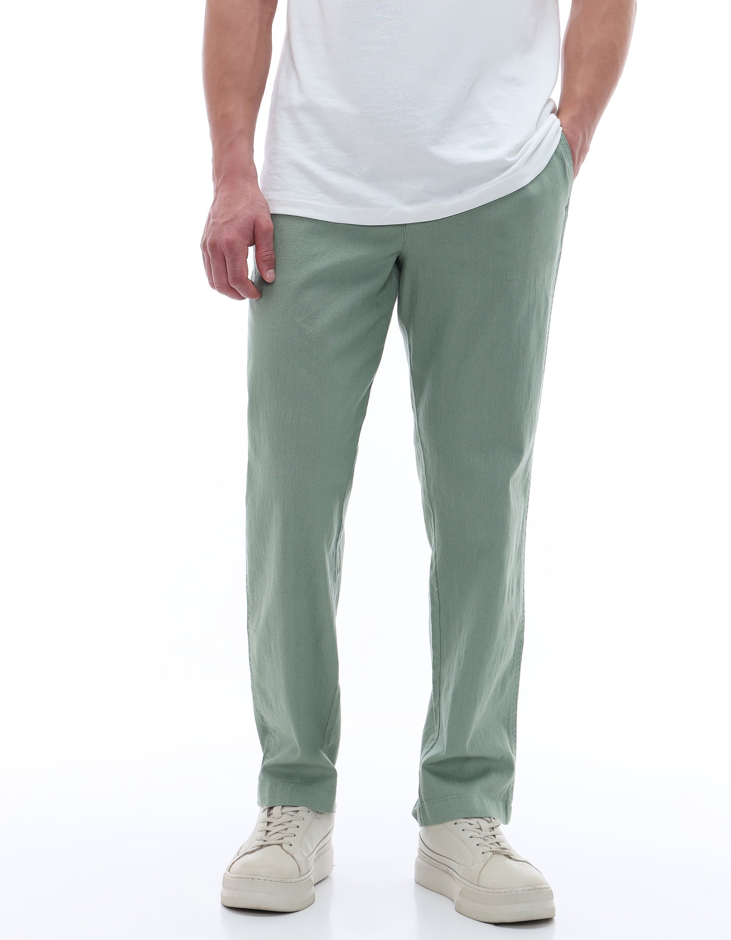 Celio Solid Relaxed Fit Cotton Blend Green Trousers