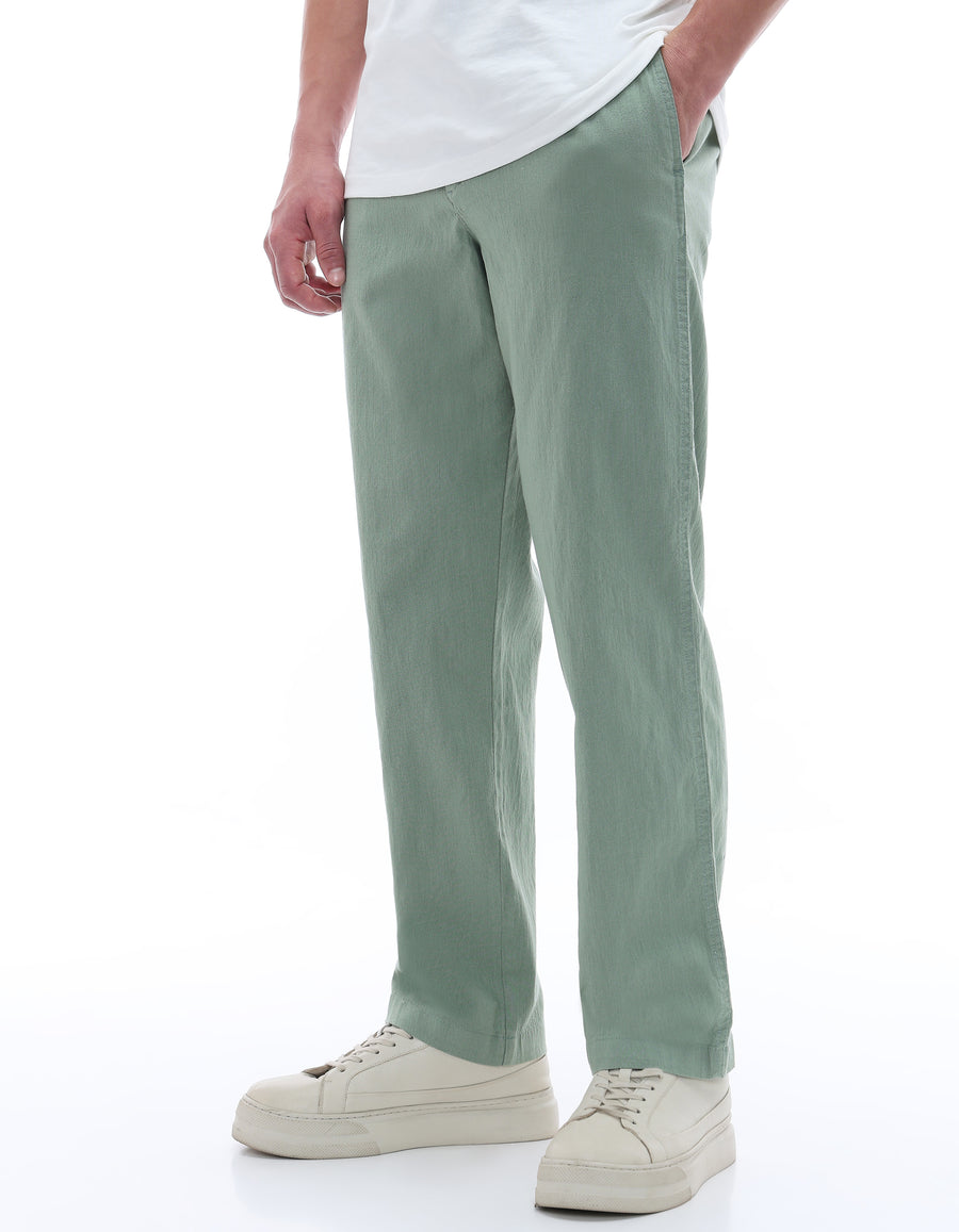 Celio Solid Relaxed Fit Cotton Blend Green Trousers