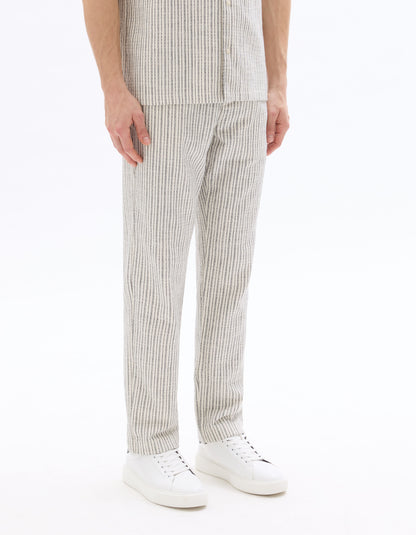 Celio Men Off White Striped Straight Fit Cotton Trousers