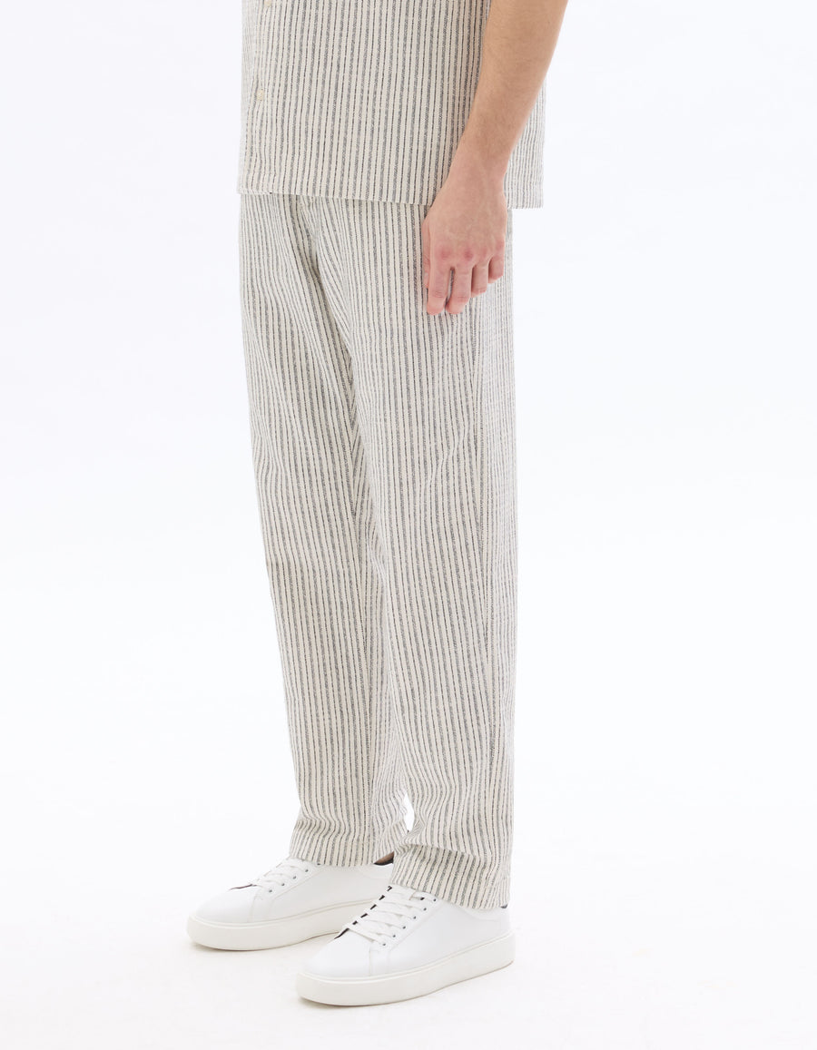 Celio Men Off White Striped Straight Fit Cotton Trousers