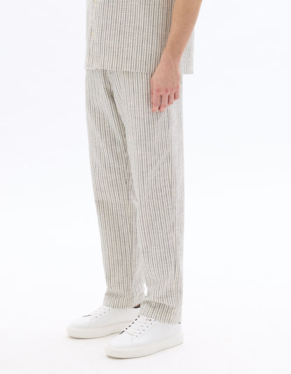 Celio Men Off White Striped Straight Fit Cotton Trousers