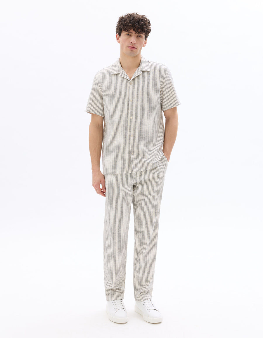 Celio Men Off White Striped Straight Fit Cotton Trousers