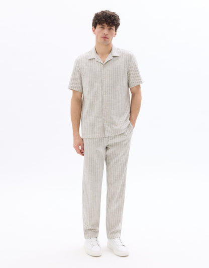 Celio Men Off White Striped Straight Fit Cotton Trousers