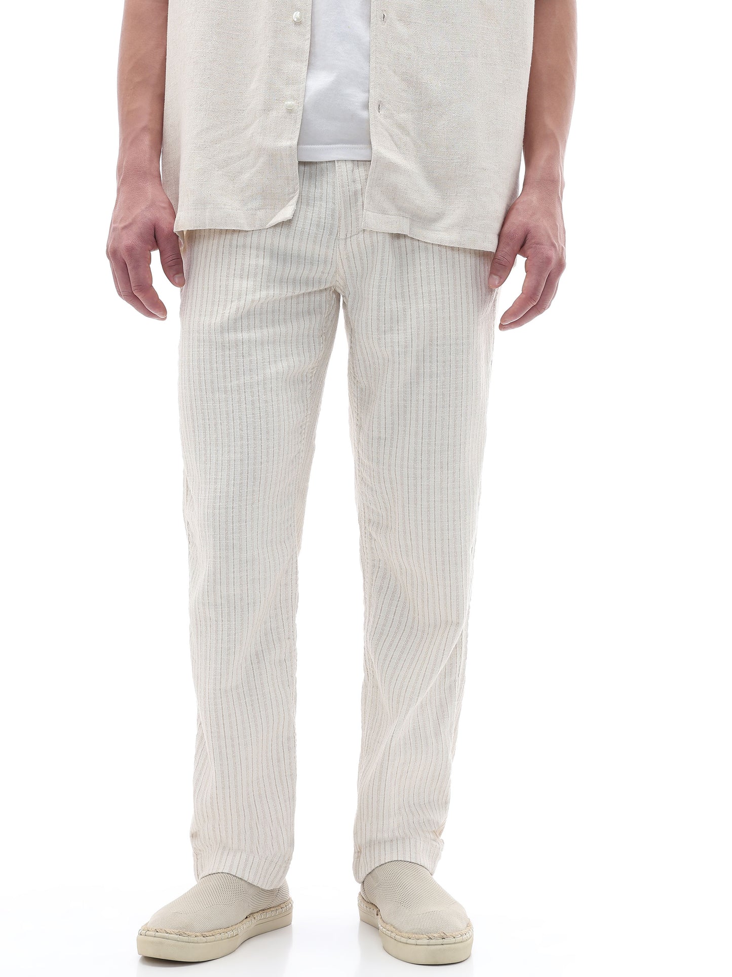 Celio Textured Straight Fit Cotton Poly Blend Off White Trousers