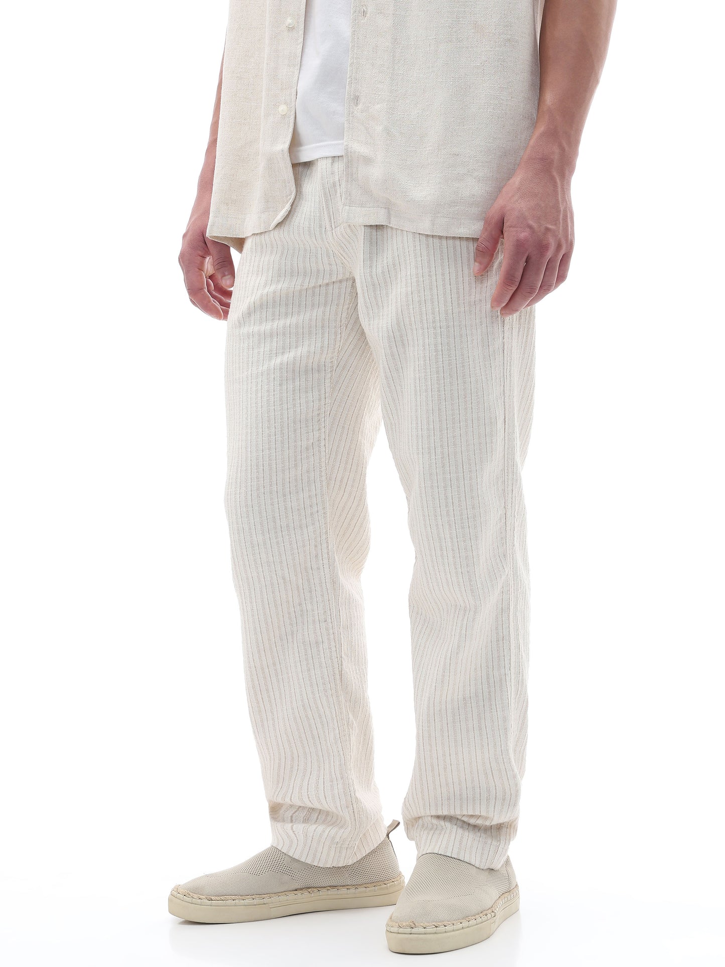 Celio Textured Straight Fit Cotton Poly Blend Off White Trousers