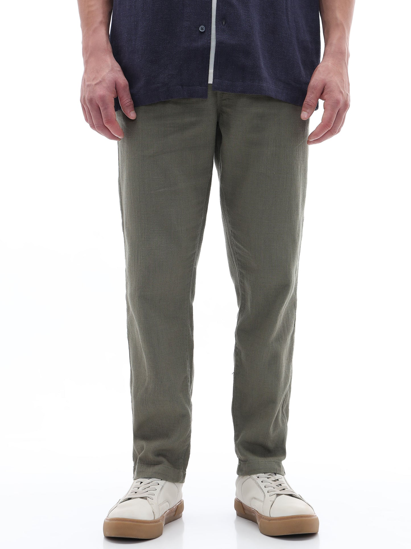 Celio Solid Relaxed Fit Cotton Green Trousers