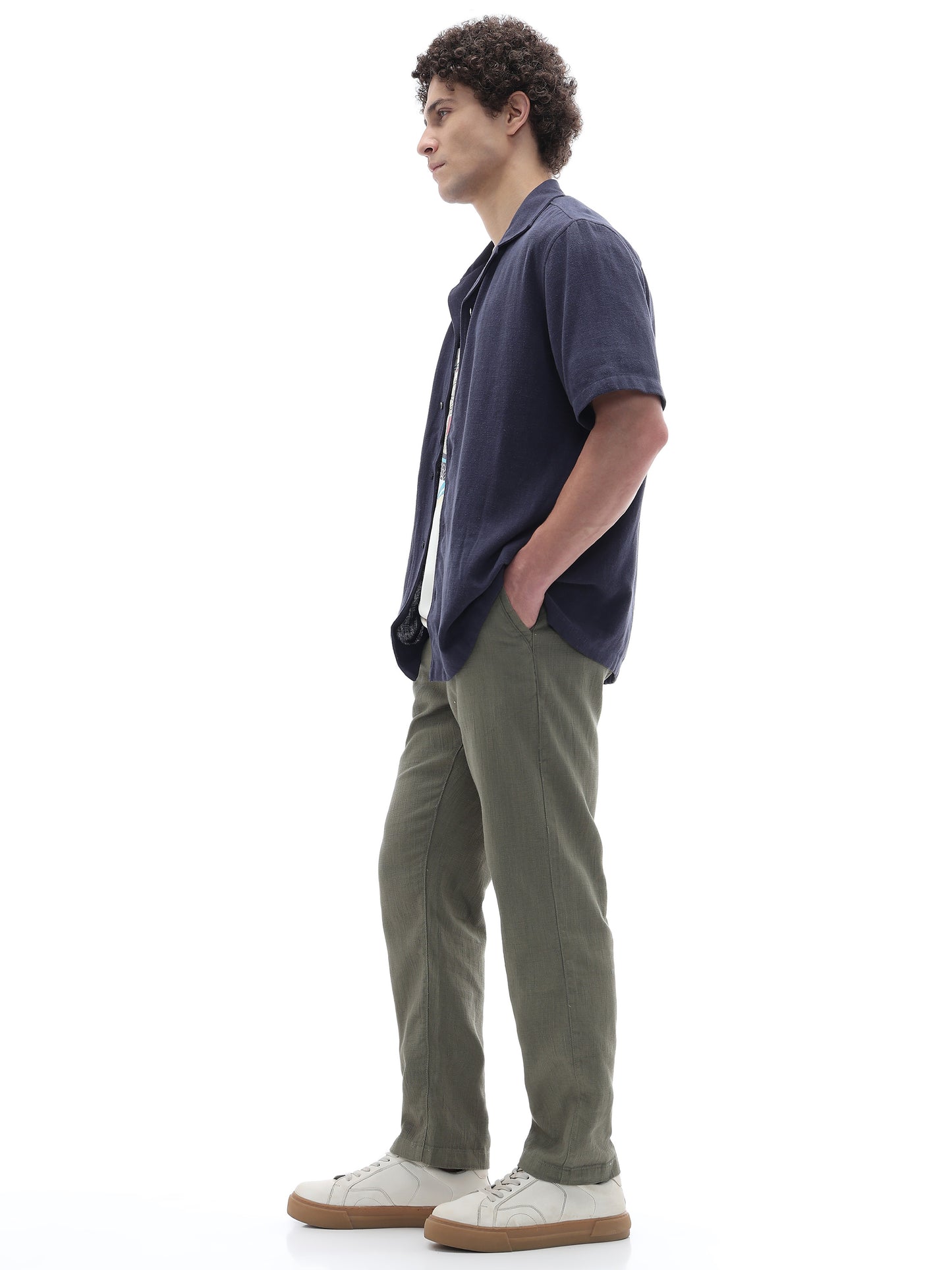 Celio Solid Relaxed Fit Cotton Green Trousers