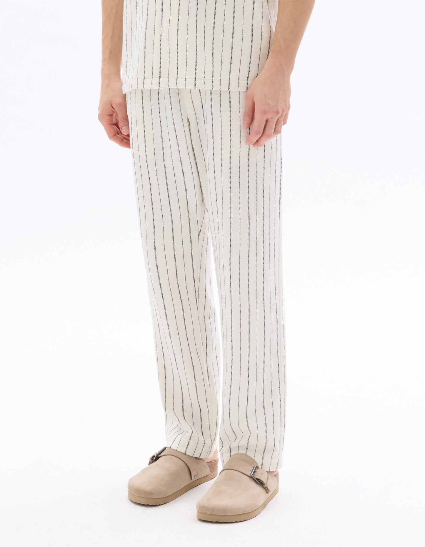 Celio Men Off White Striped Loose Fit Polyester Trousers
