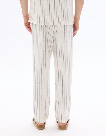Celio Men Off White Striped Loose Fit Polyester Trousers