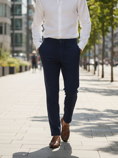 Celio* Men Navy Blue Solid Straight Fit Cotton Trousers