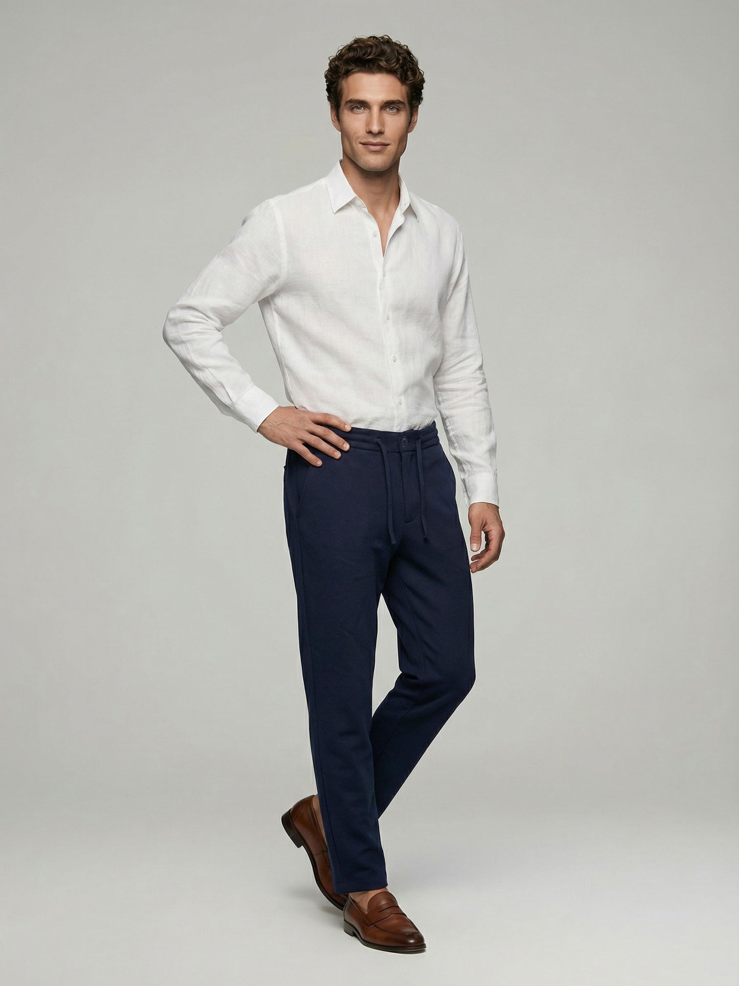 Celio* Men Navy Blue Solid Straight Fit Cotton Trousers