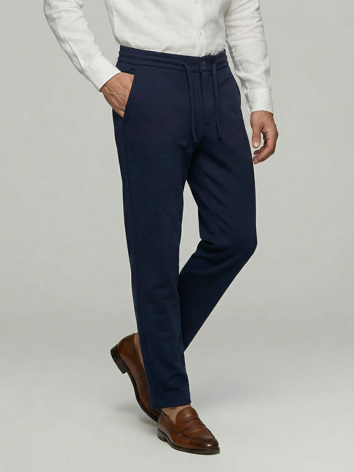 Celio* Men Navy Blue Solid Straight Fit Cotton Trousers