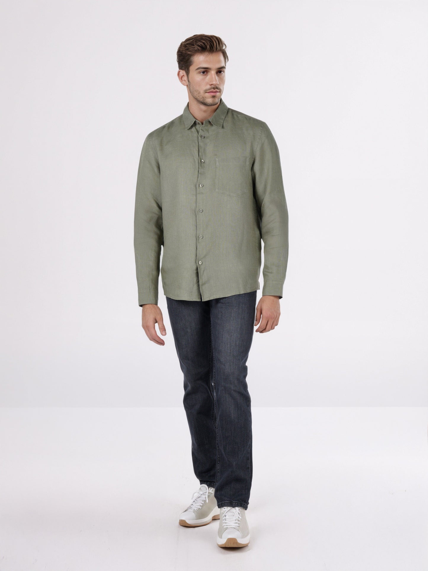 Celio* Men Olive Solid Regular Fit Linen Shirts
