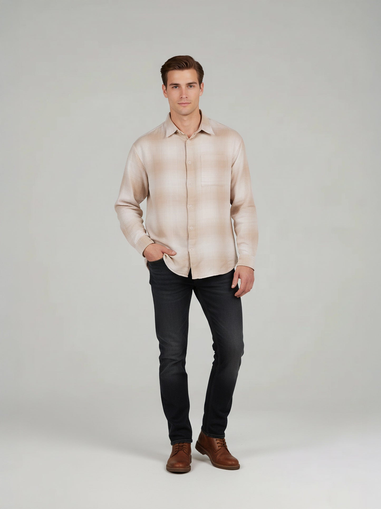Celio* Men Beige Checked Relaxed Fit Cotton Shirts